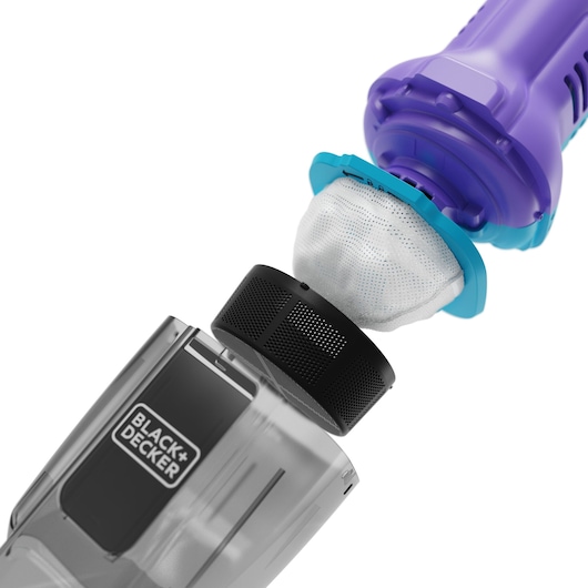 BLACK+DECKER handstofzuiger NVD220BP close-up, met filter en stofreservoir, op witte achtergrond.