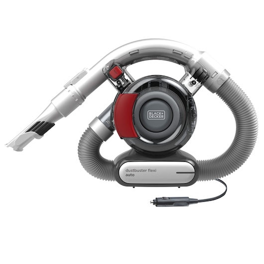 BLACKDECKER PD1200AV draagbare autostofzuiger met flexibele slang, grijs en rood, vooraanzicht.