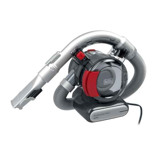 BLACKDECKER PD1200AV handstofzuiger met flexibele slang, zijaanzicht, zwart en rood ontwerp.