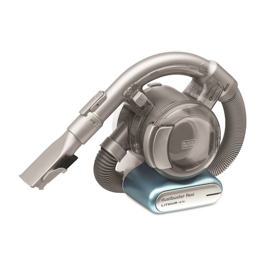 BLACK+DECKER PD1420LP aspirateur à main, modèle dustbuster flexi, gris avec base bleue, angle avant sur fond blanc.