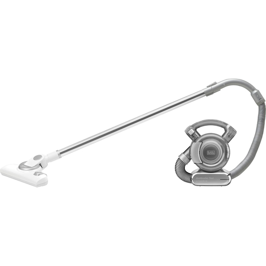 BLACKDECKER PD1820LF draadloze stofzuiger zilver en wit, zijaanzicht, fotografie op witte achtergrond.