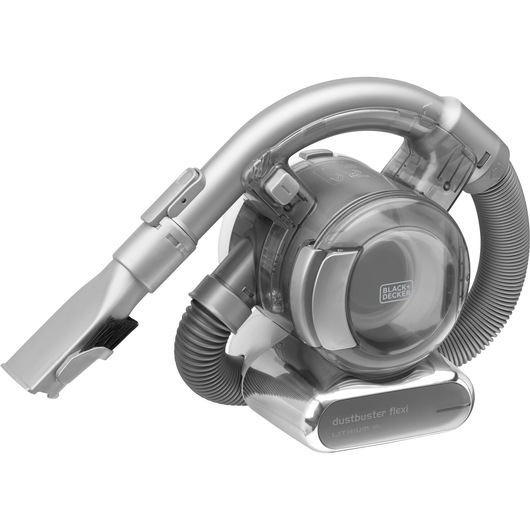 Een BLACK+DECKER Dustbuster Flexi lithium 18V handstofzuiger met een flexibele slang en borstel, afgebeeld tegen een witte achtergrond.