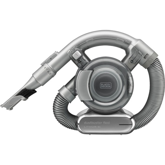 BLACK+DECKER Dustbuster Flexi handstofzuiger met flexibele slang en borstelaccessoire, te zien in zilver en grijs.