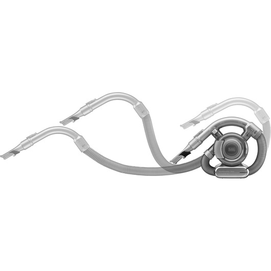 Een BLACK+DECKER draagbare handstofzuiger met een uitgerekte flexibele slang en meerdere mondstukken, weergegeven in een gebogen opstelling op een witte achtergrond.