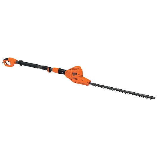 BLACKDECKER PH5551 pol heggenschaar, oranje en zwart, zijaanzicht op witte achtergrond.