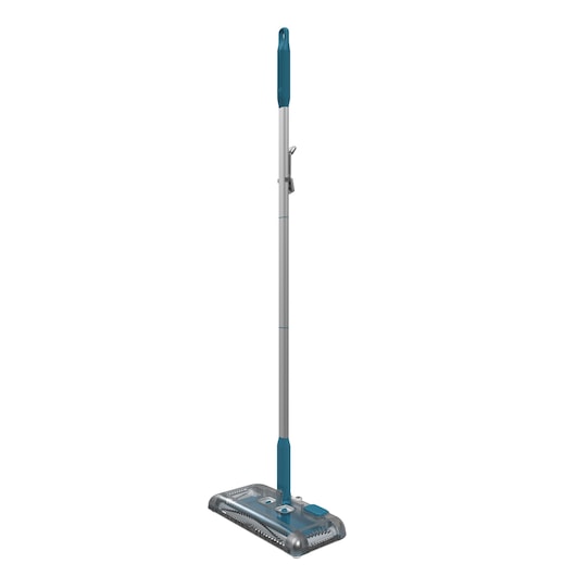 Balai électrique sans fil pour sols avec un design bleu et gris, doté d'un long manche et d'une base rectangulaire à profil bas.