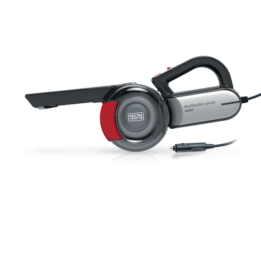 BLACKDECKER PV1200AV auto stofzuiger met zwenkbare zuigmond, zijaanzicht, zwarte en zilveren uitvoering.