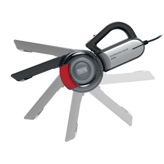 BLACK+DECKER PV1200AV pivot auto handheld stofzuiger, zijaanzicht, grijs met rood, verstelbaar mondstuk.