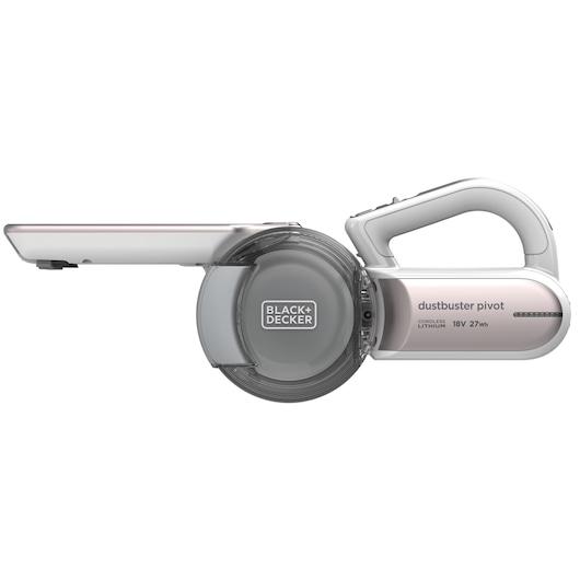 Een BLACK+DECKER Dustbuster Pivot draadloze handstofzuiger met een draaiende zuigmond, getoond in zijaanzicht. Het apparaat is compact en modern, met het merk en de productspecificaties zichtbaar op het apparaat.