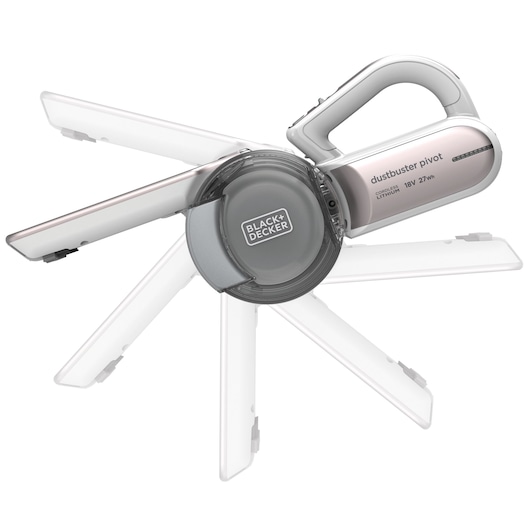 Een BLACK+DECKER Dustbuster Pivot draadloze handstofzuiger wordt getoond, met de verstelbare, draaibare zuigmond in de schijnwerpers. Het product wordt weergegeven met meerdere zuigmondposities om zijn flexibiliteit en moderne ontwerp te laten zien.