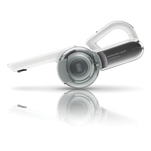 Un aspirateur à main Dustbuster Pivot de BLACK+DECKER avec une batterie au lithium 18V, doté d'une buse pliable et d'une poignée ergonomique, présenté sur un fond blanc avec reflet.