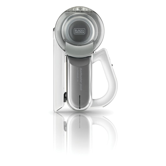 Un aspirateur à main BLACK+DECKER avec une buse pivotante, présenté en position verticale sur une surface réfléchissante.