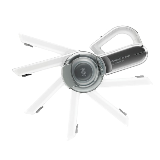 Un aspirateur à main BLACK+DECKER dustbuster pivot lithium 18V est présenté avec sa buse pivotante déployée dans plusieurs positions, illustrant sa polyvalence sur un fond blanc.