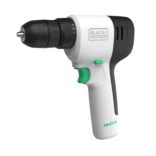BLACK+DECKER REVDD12C perceuse sans fil, blanc et noir avec accents verts, vue latérale sur fond blanc