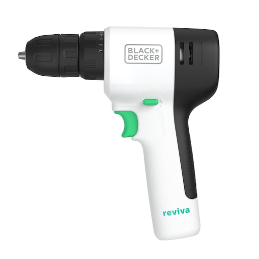 BLACK+DECKER REVDD12C perceuse sans fil blanche et noire avec détails verts, vue latérale gauche, photographie