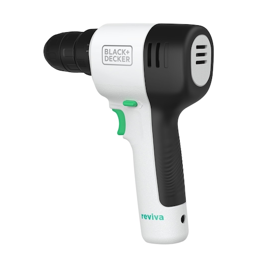 BLACKDECKER REVDD12C perceuse sans fil noir et blanc avec accents verts, vue latérale sur fond blanc.