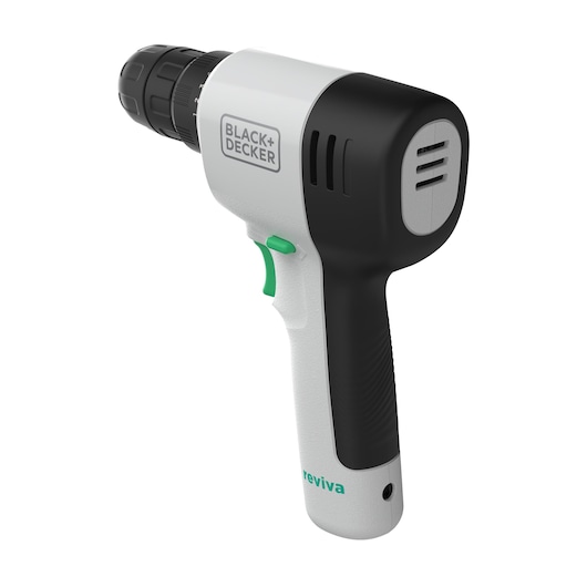 BLACKDECKER REVDD12C perceuse sans fil, design blanc et noir, gâchette verte, angle latéral, photographie produit