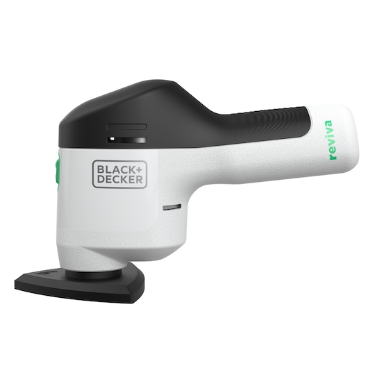 BLACK+DECKER REVDS12C ponceuse compacte sans fil blanche et noire vue latérale sur fond blanc.