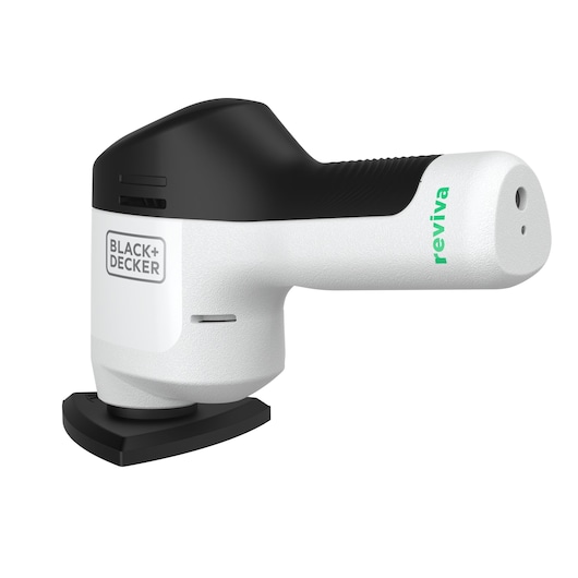 BLACK+DECKER REVDS12C ponceuse sans fil de détail, blanc et noir, angle latéral sur fond blanc.