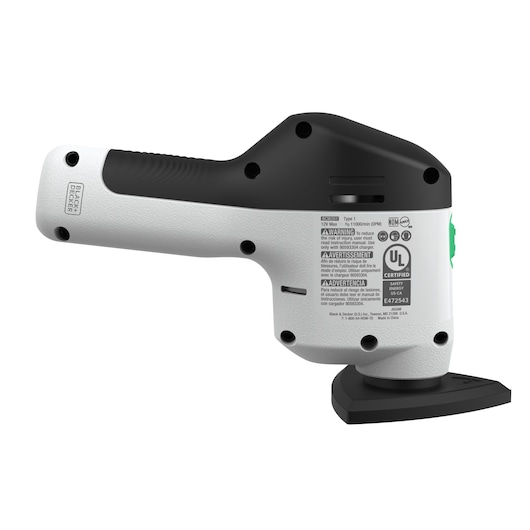 BLACKDECKER REVDS12C ponceuse à main, vue latérale, corps blanc et noir avec étiquettes de certification.