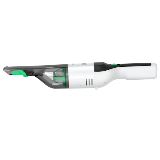 BLACKDECKER REVHV8C handstofzuiger, wit en zwart met groene accenten, zijaanzicht op witte achtergrond.