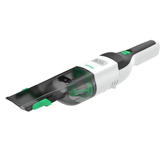 BLACK+DECKER REVHV8C handstofzuiger, wit en zwart met groene accenten, schuin op witte achtergrond.