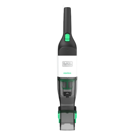 BLACK+DECKER REVHV8C handstofzuiger met zwarte, witte en groene accenten, vooraanzicht op witte achtergrond.