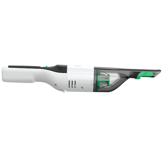 BLACKDECKER REVHV8C handstofzuiger zijaanzicht, wit en zwart met groene accenten, op witte achtergrond.