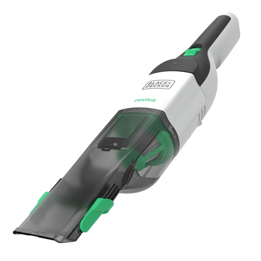 BLACKDECKER REVHV8C handstofzuiger, wit en zwart met groene accenten, vooraanzicht op witte achtergrond.