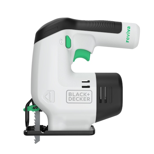 BLACK+DECKER REVJ12C draadloze decoupeerzaag met wit-zwarte behuizing, groene accenten, zijaanzicht, fotografie.