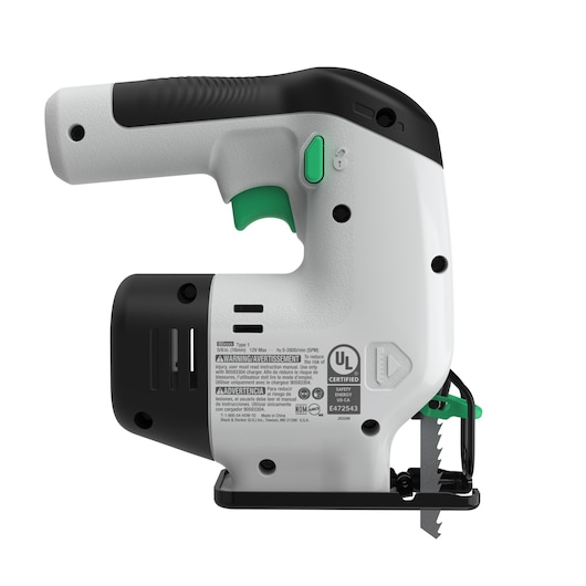 BLACKDECKER REVJ12C decoupeerzaag zijaanzicht, wit en zwart lichaam met groene trekker en zaagblad.
