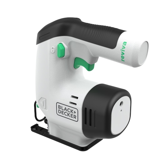 BLACK+DECKER REVJ12C compacte decoupeerzaag, wit en zwart, groene accenten, schuine hoek, fotografie.