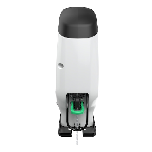 BLACKDECKER REVJ12C decoupeerzaag voorkant, witte behuizing, zwarte bovenkant, groene detail, op witte achtergrond.