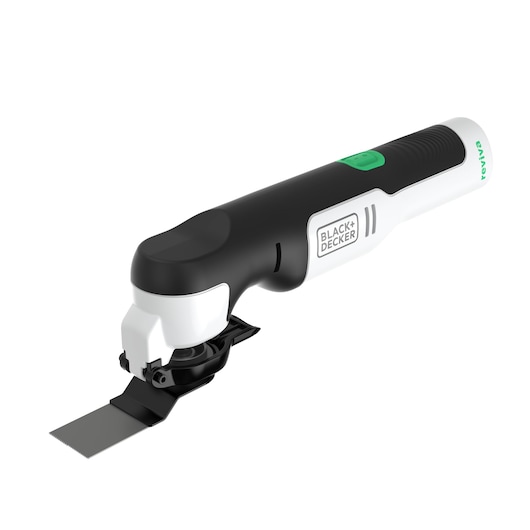 BLACK+DECKER REVOS12C draadloos oscillerend multitool, zwart-wit, zijaanzicht op witte achtergrond.