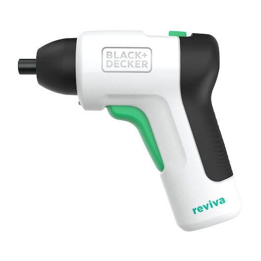BLACK+DECKER REVSD4C tournevis sans fil, blanc et noir avec accents verts, vue latérale sur fond blanc.