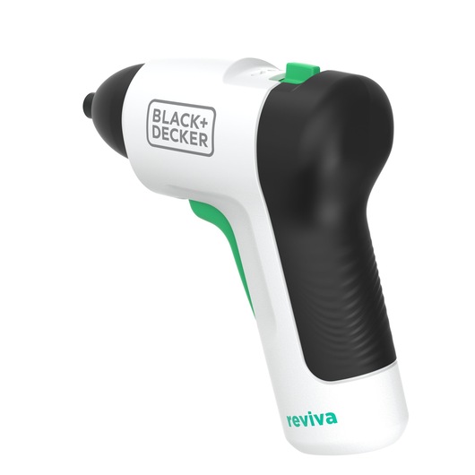 Tournevis sans fil BLACK+DECKER REVSD4C, noir et blanc avec accents verts, en angle sur fond blanc.