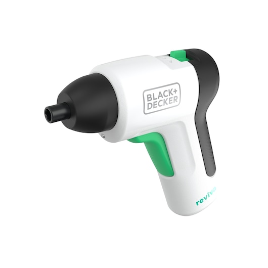 Visseuse sans fil BLACK+DECKER REVSD4C blanche avec accents noirs et verts, vue latérale sur fond blanc.