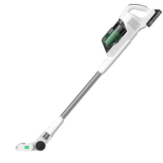 Un aspirateur balai sans fil blanc et gris avec un conteneur à poussière transparent et des accents verts, présenté sur un fond blanc.