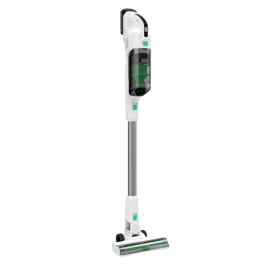 Aspirateur balai sans fil BLACK+DECKER REVSV18D1 au design blanc et vert, doté d’un réservoir à poussière transparent et d’une forme verticale fine.
