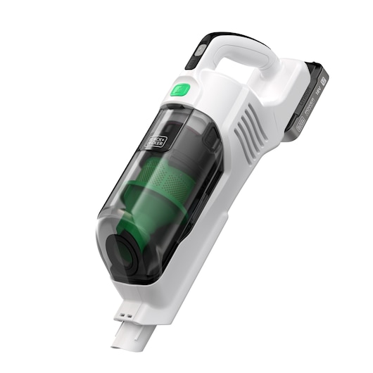 BLACKDECKER REVSV18D1 aspirateur à main sans fil blanc et noir, vue en angle sur fond blanc.
