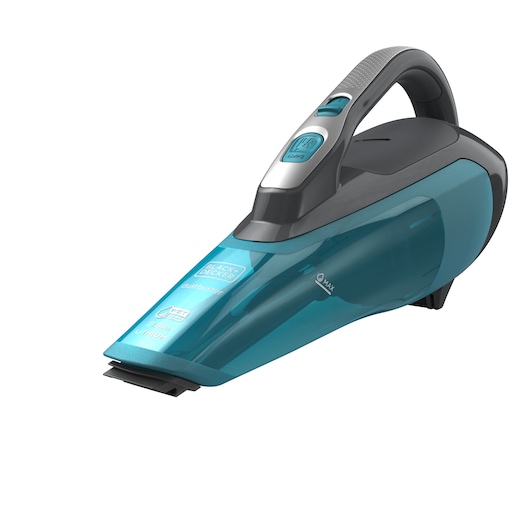 Un aspirateur à main sans fil BLACK+DECKER avec un design bleu et noir, doté d'une poignée incurvée et portant l'étiquette 'dustbuster' à l'avant.