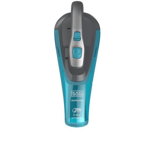 Vue de face d'un aspirateur à main BLACK+DECKER Dustbuster bleu et gris, doté d'une batterie au lithium et d'une capacité de nettoyage humide/sec.