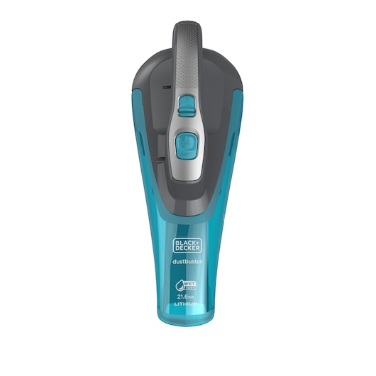 Un aspirateur à main BLACK+DECKER dustbuster, modèle WDA320J, avec un design bleu et gris, technologie lithium, et capacité de nettoyage à sec et humide. L'aspirateur est présenté vue de dessus avec la marque et les spécifications visibles.