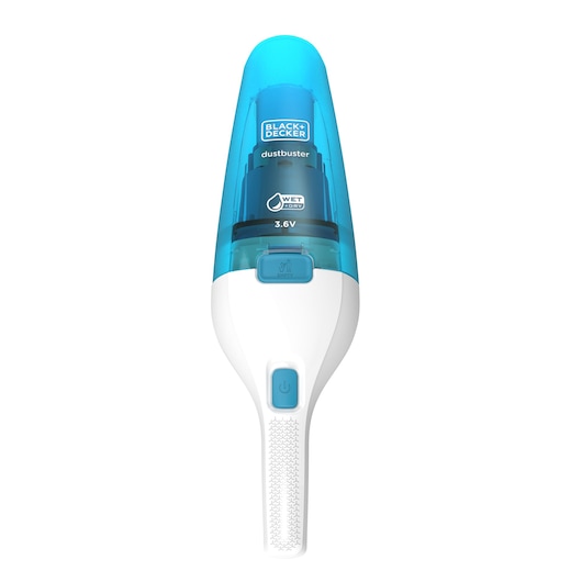 Een BLACK+DECKER handstofzuiger met een blauw-wit ontwerp, een transparante blauwe stofcontainer en een aan/uit-knop op het handvat.