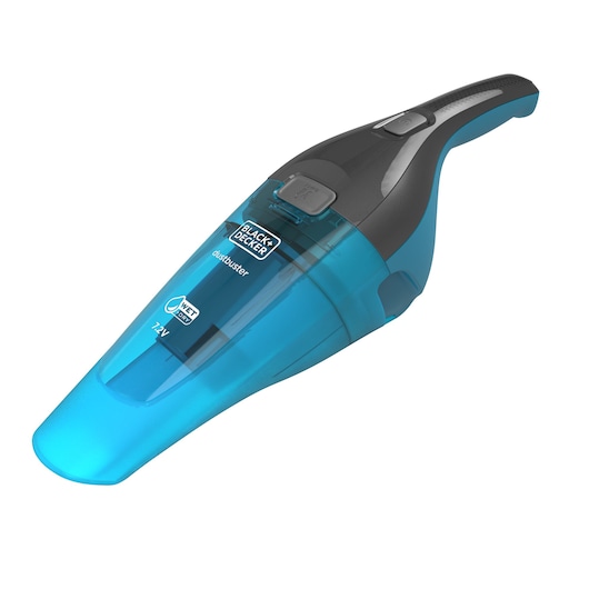 BLACK+DECKER WDC215WA handstofzuiger nat/droog, blauw en zwart, zijaanzicht, fotografie op witte achtergrond.